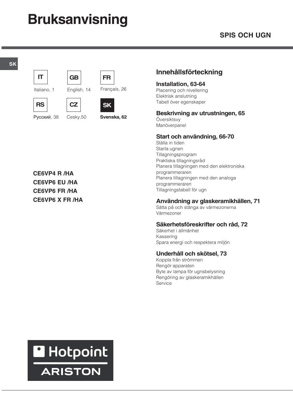 Bruksanvisning, Innehållsförteckning, Spis och ugn | Ariston CE6VP4 User Manual | Page 62 / 76