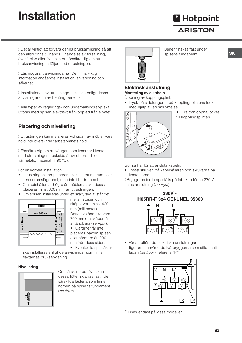 Installation, Placering och nivellering, Elektrisk anslutning | Ariston CE6VP4 User Manual | Page 63 / 76