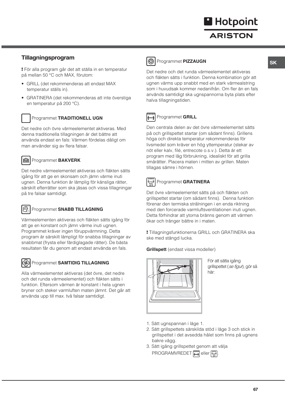 Tillagningsprogram | Ariston CE6VP4 User Manual | Page 67 / 76