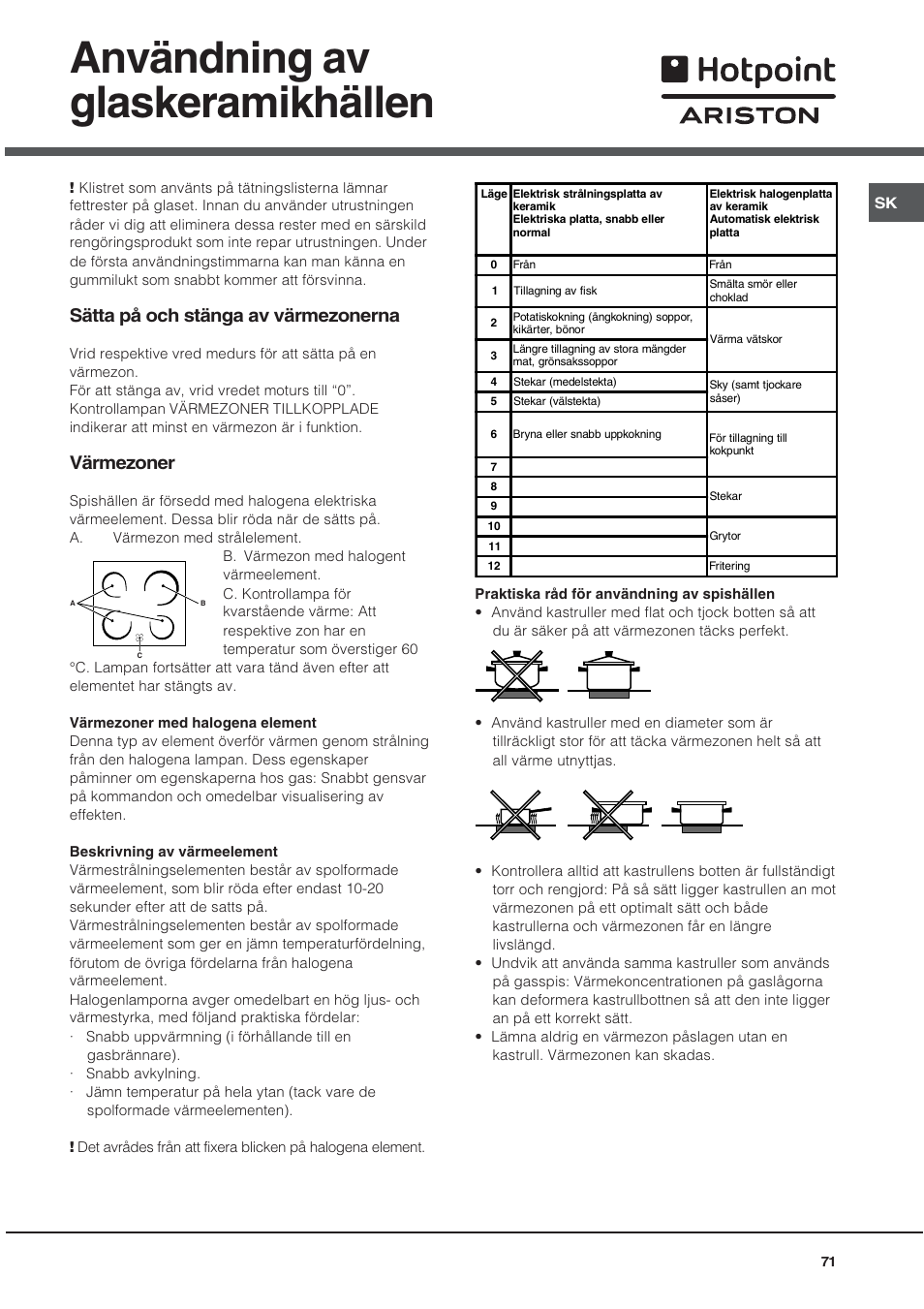 Användning av glaskeramikhällen, Sätta på och stänga av värmezonerna, Värmezoner | Ariston CE6VP4 User Manual | Page 71 / 76