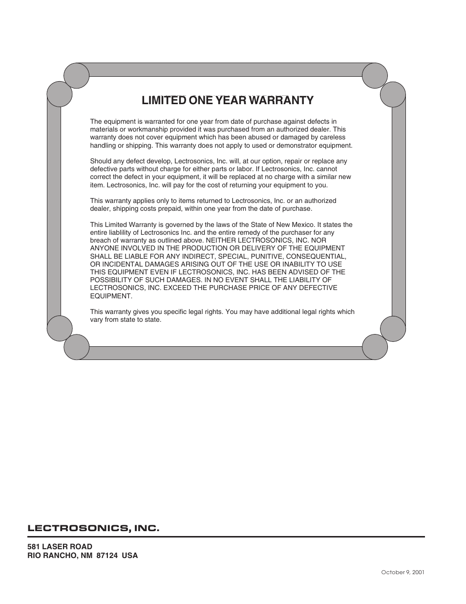 Limited one year warranty | Lectrosonics EQ1_EQ2 User Manual | Page 16 / 16