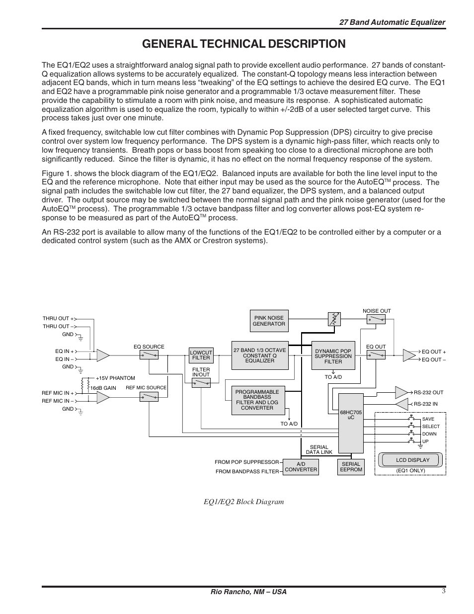 General technical description, 27 band automatic equalizer, Eq1/eq2 block diagram | Lectrosonics EQ1_EQ2 User Manual | Page 3 / 16