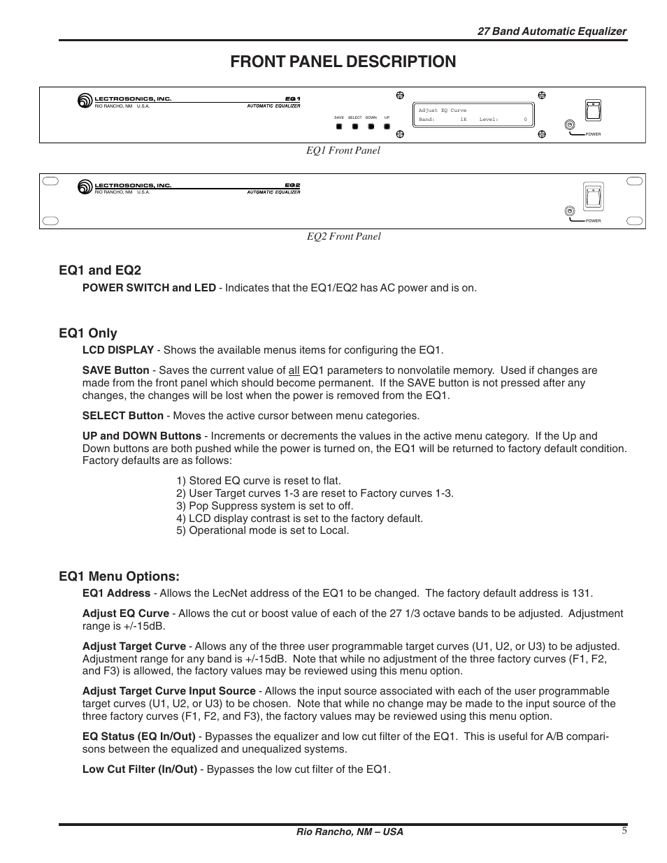 Front panel description, Eq1 and eq2, Eq1 only | Eq1 menu options | Lectrosonics EQ1_EQ2 User Manual | Page 5 / 16