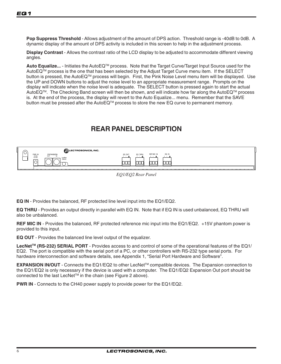 Rear panel description | Lectrosonics EQ1_EQ2 User Manual | Page 6 / 16