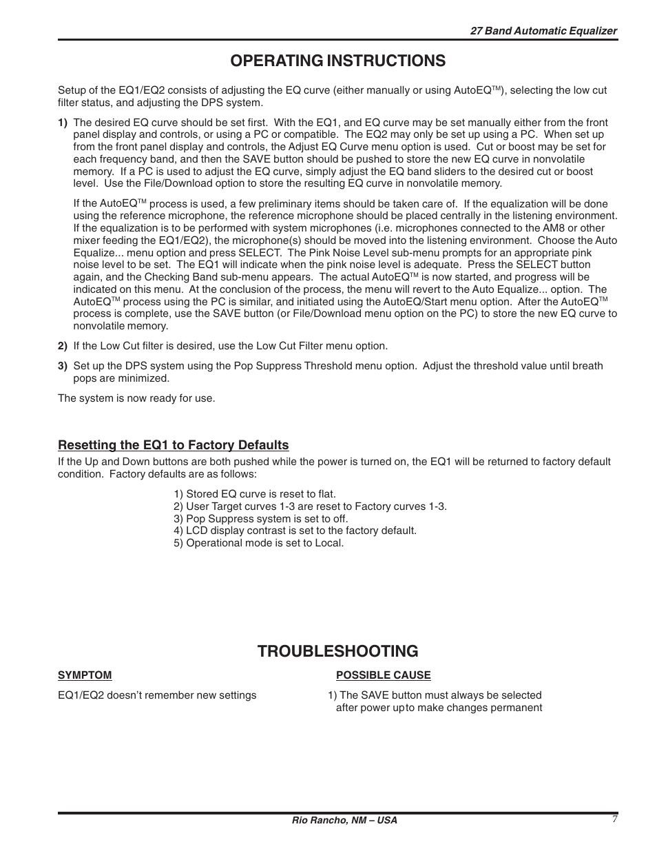 Operating instructions, Troubleshooting | Lectrosonics EQ1_EQ2 User Manual | Page 7 / 16