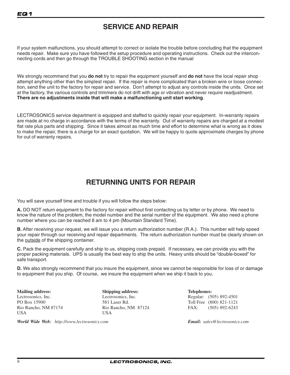 Service and repair, Returning units for repair | Lectrosonics EQ1_EQ2 User Manual | Page 8 / 16
