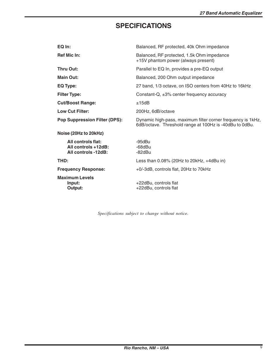 Specifications | Lectrosonics EQ1_EQ2 User Manual | Page 9 / 16