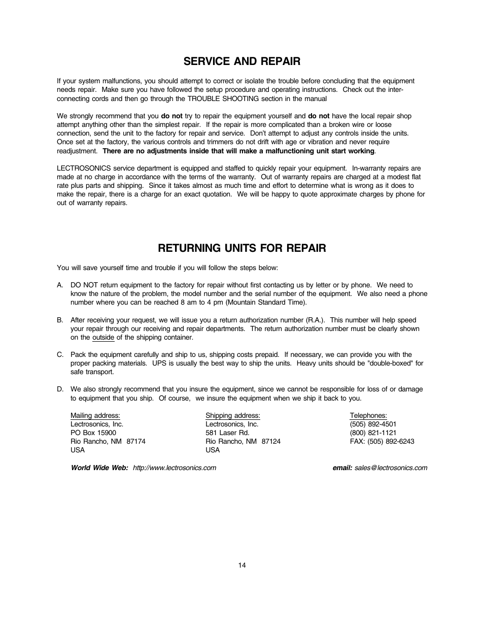 Service and repair, Returning units for repair | Lectrosonics LCA16 User Manual | Page 15 / 18