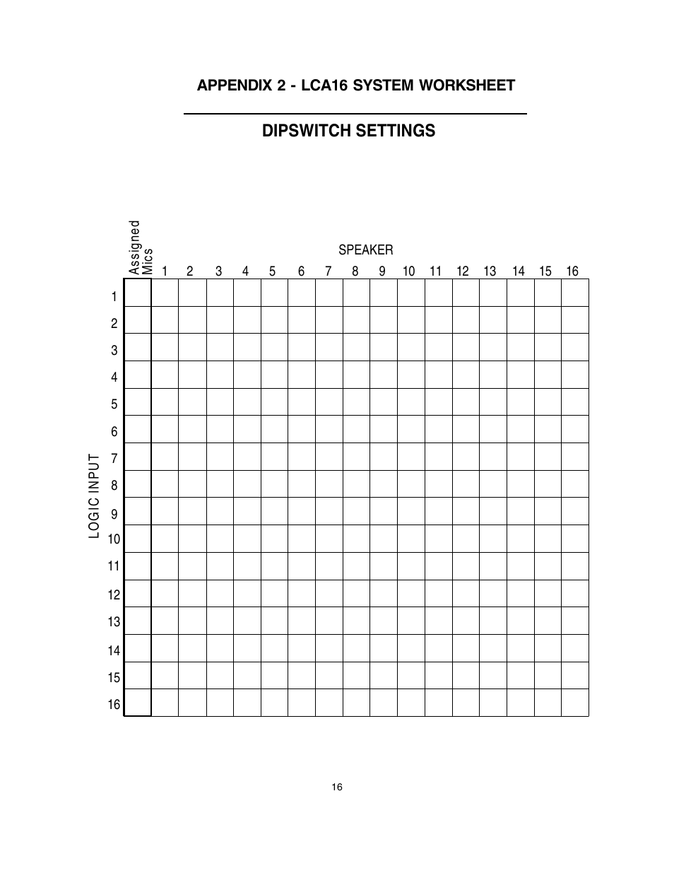 Dipswitch settings | Lectrosonics LCA16 User Manual | Page 17 / 18