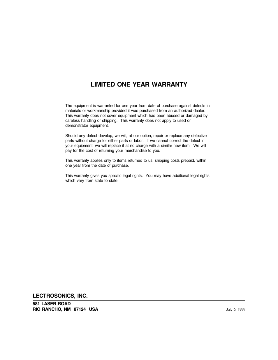 Limited one year warranty | Lectrosonics LCA16 User Manual | Page 18 / 18
