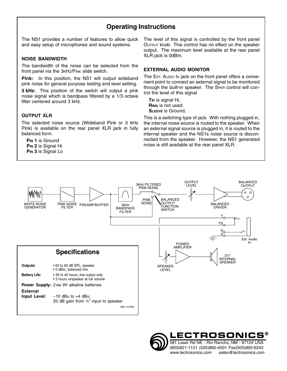 Lectrosonics, Operating instructions, Specifications | Lectrosonics NS1 User Manual | Page 2 / 2