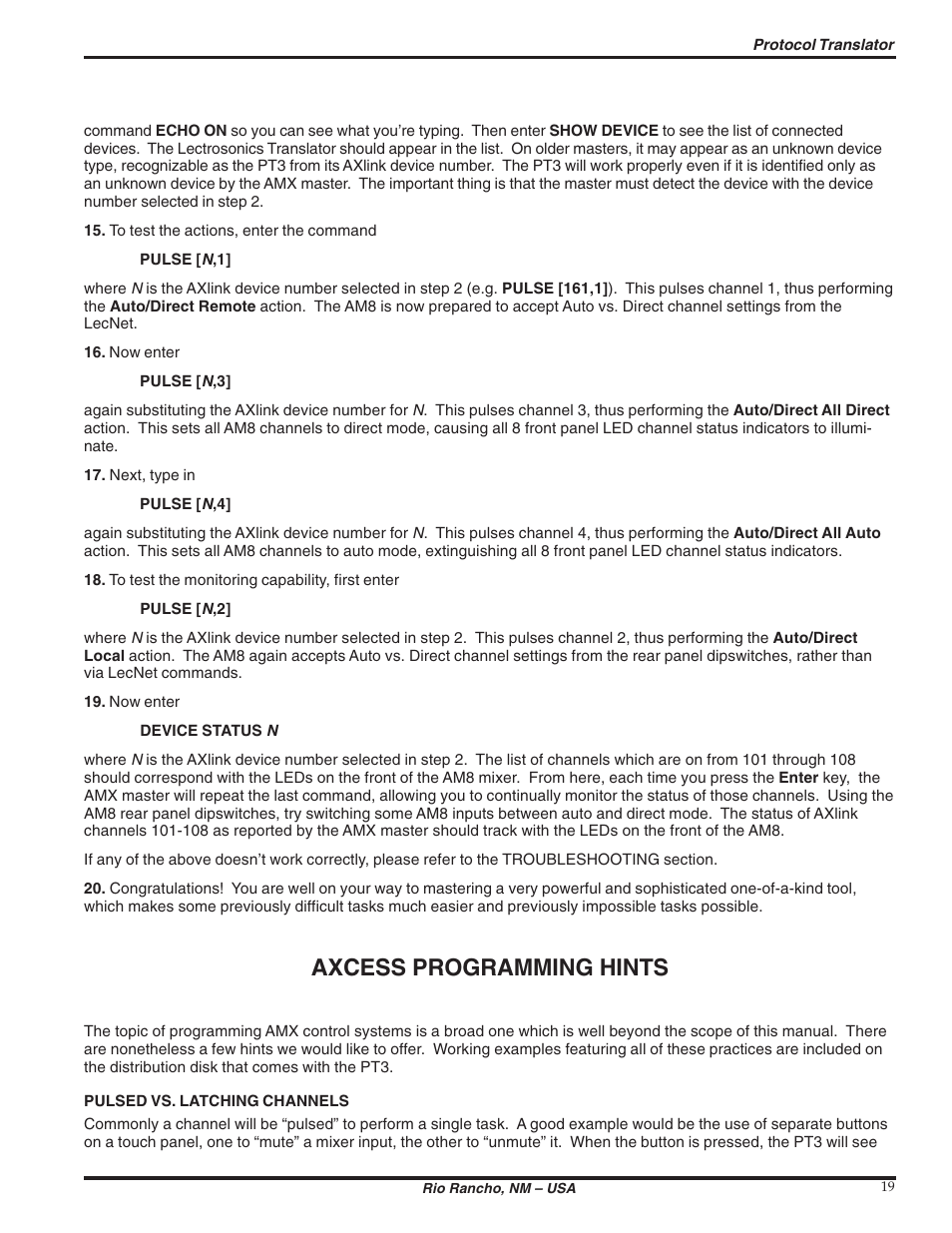 Axcess programming hints | Lectrosonics PT3 User Manual | Page 19 / 30
