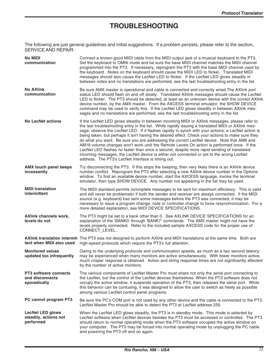 Troubleshooting | Lectrosonics PT3 User Manual | Page 23 / 30