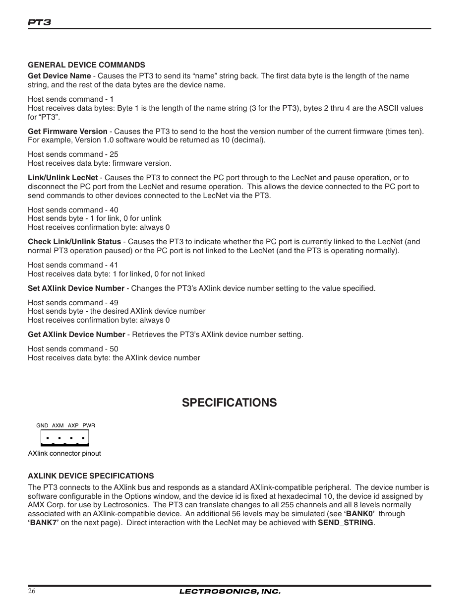 Specifications | Lectrosonics PT3 User Manual | Page 26 / 30