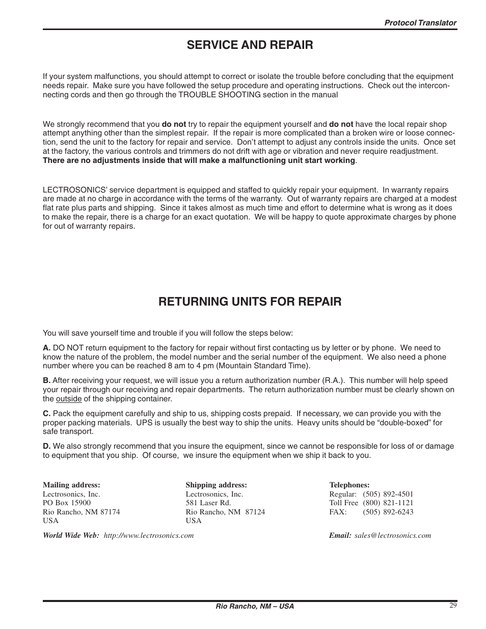 Service and repair, Returning units for repair | Lectrosonics PT3 User Manual | Page 29 / 30