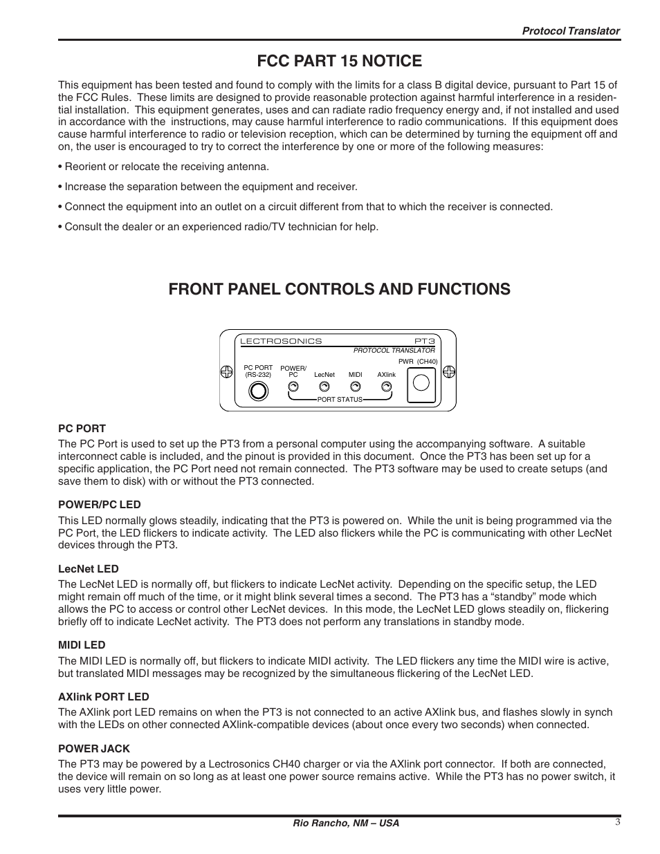 Fcc part 15 notice, Front panel controls and functions | Lectrosonics PT3 User Manual | Page 3 / 30