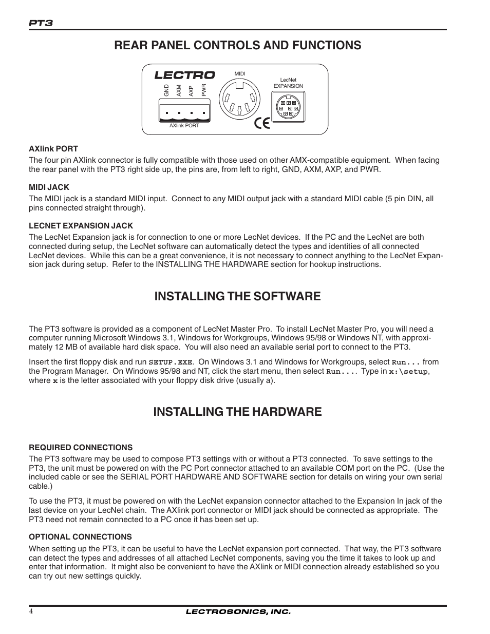 Rear panel controls and functions, Installing the software, Installing the hardware | Lectrosonics PT3 User Manual | Page 4 / 30