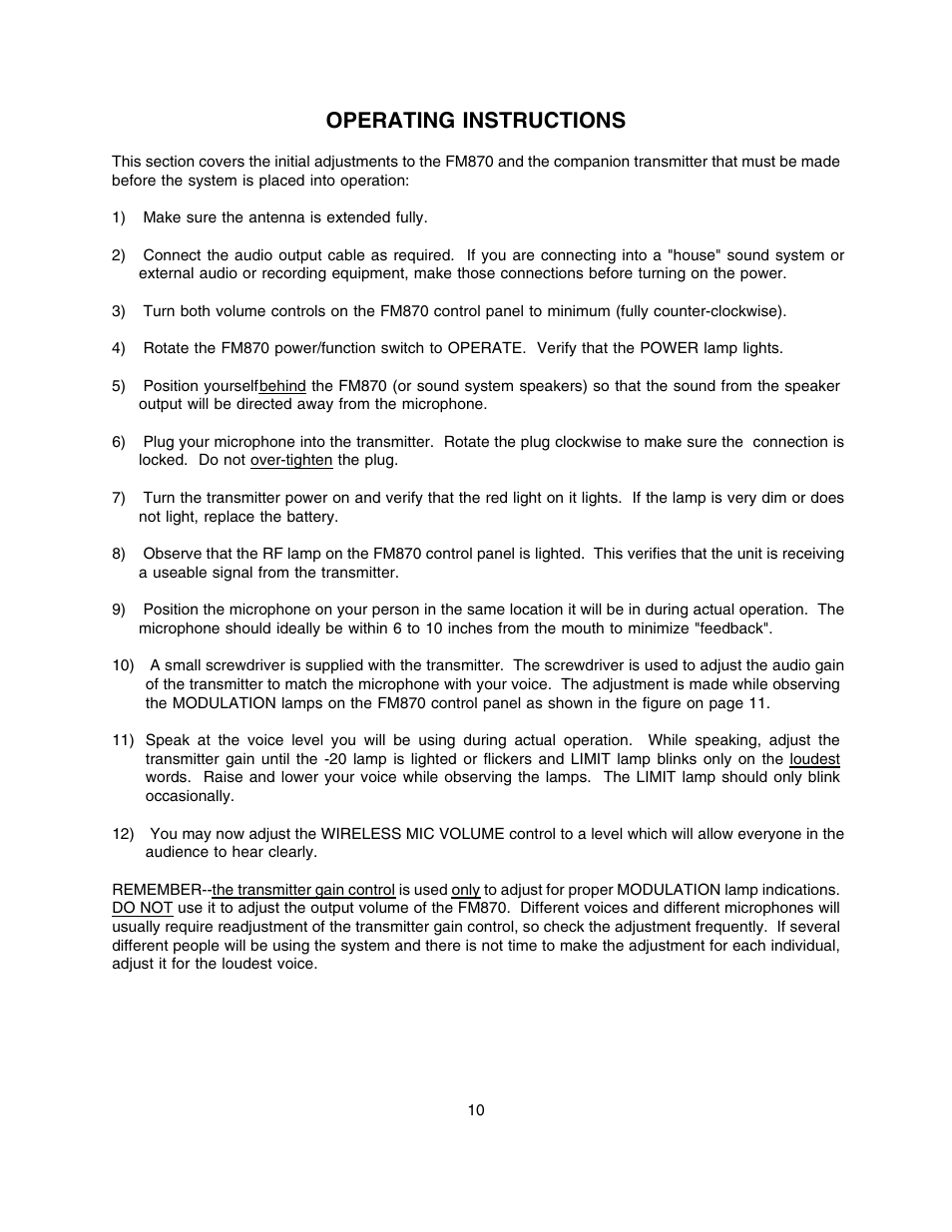 Operating tips, Operating instructions | Lectrosonics FM870 User Manual | Page 11 / 18