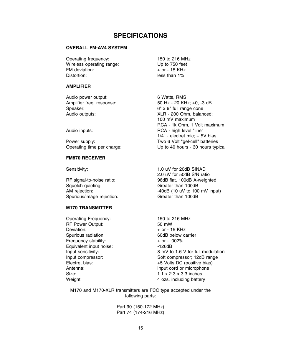 Accessories and replacement parts, Specifications | Lectrosonics FM870 User Manual | Page 16 / 18