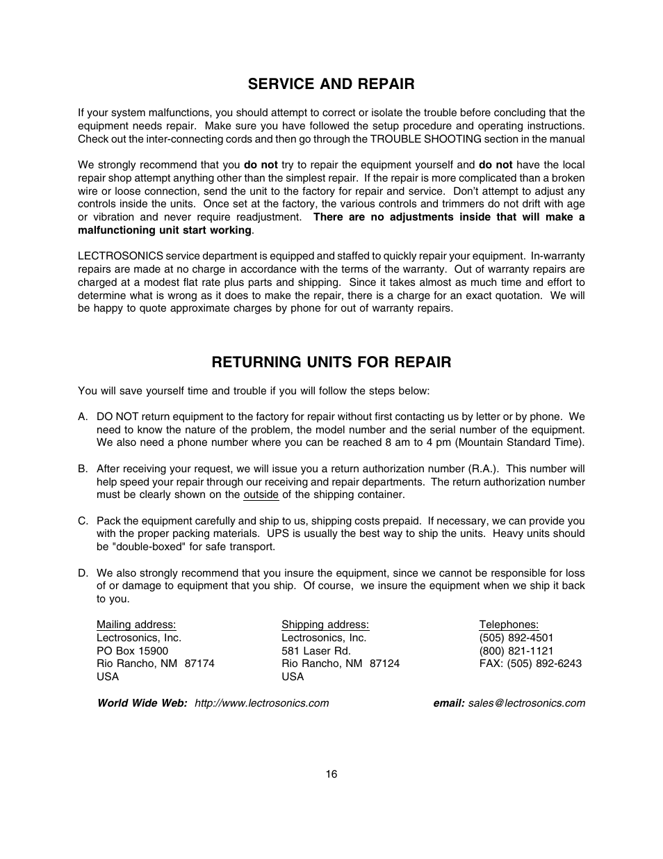 Specifications, Service and repair, Returning units for repair | Lectrosonics FM870 User Manual | Page 17 / 18