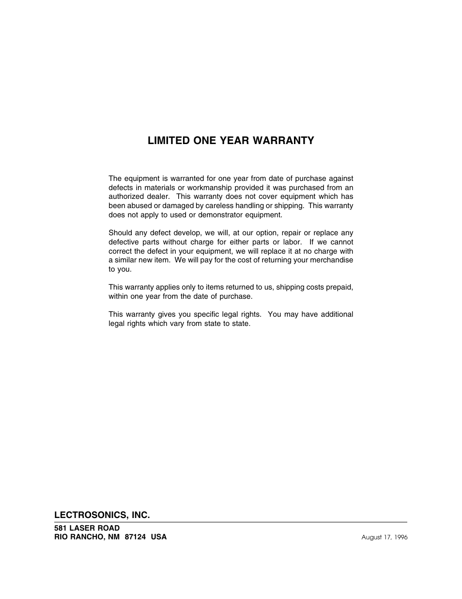 Limited one year warranty | Lectrosonics FM870 User Manual | Page 18 / 18