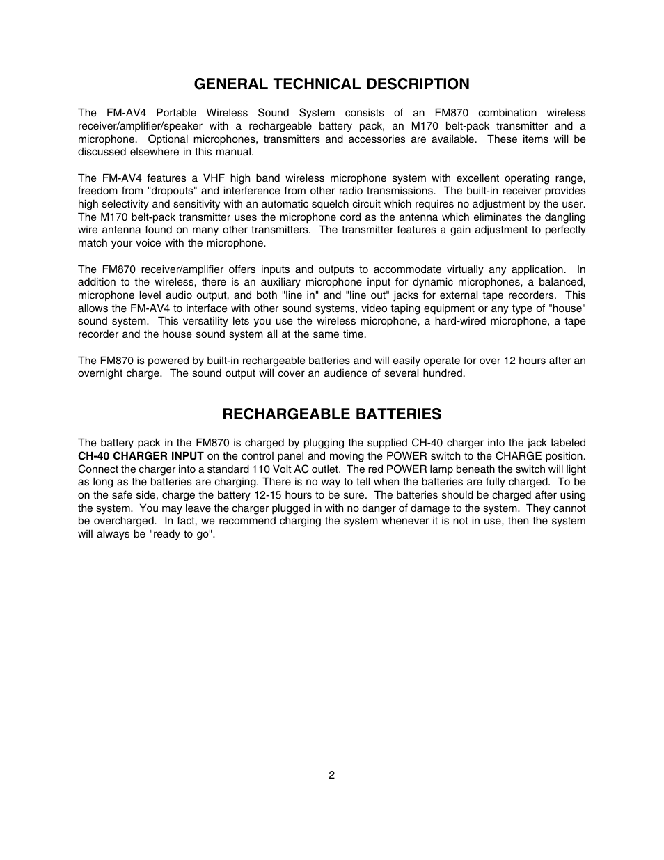 General technical description, Rechargeable batteries | Lectrosonics FM870 User Manual | Page 3 / 18