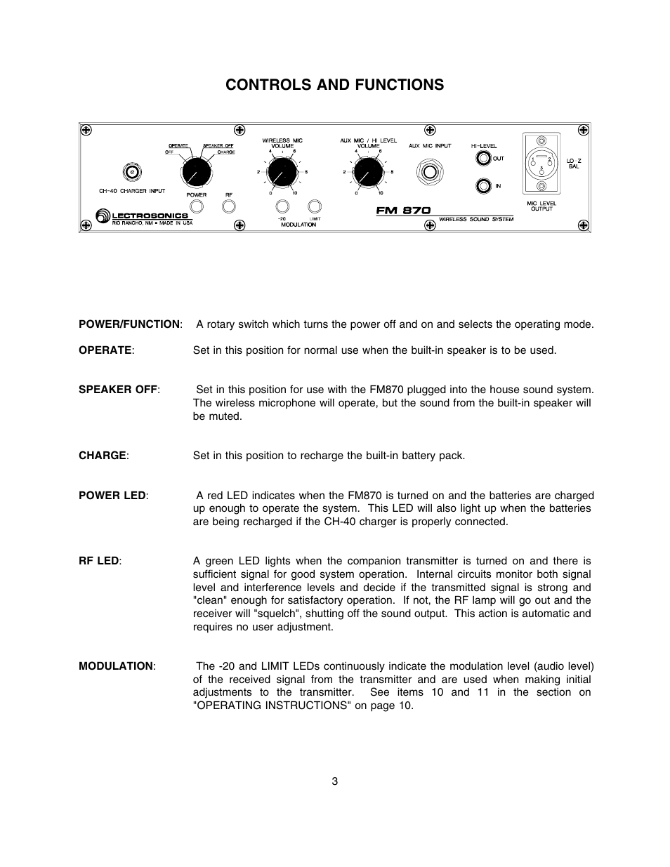 General technical description, Rechargeable batteries, Controls and functions | Lectrosonics FM870 User Manual | Page 4 / 18