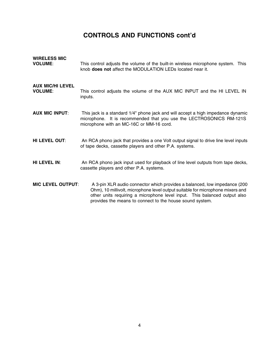 Controls and functions cont’d | Lectrosonics FM870 User Manual | Page 5 / 18