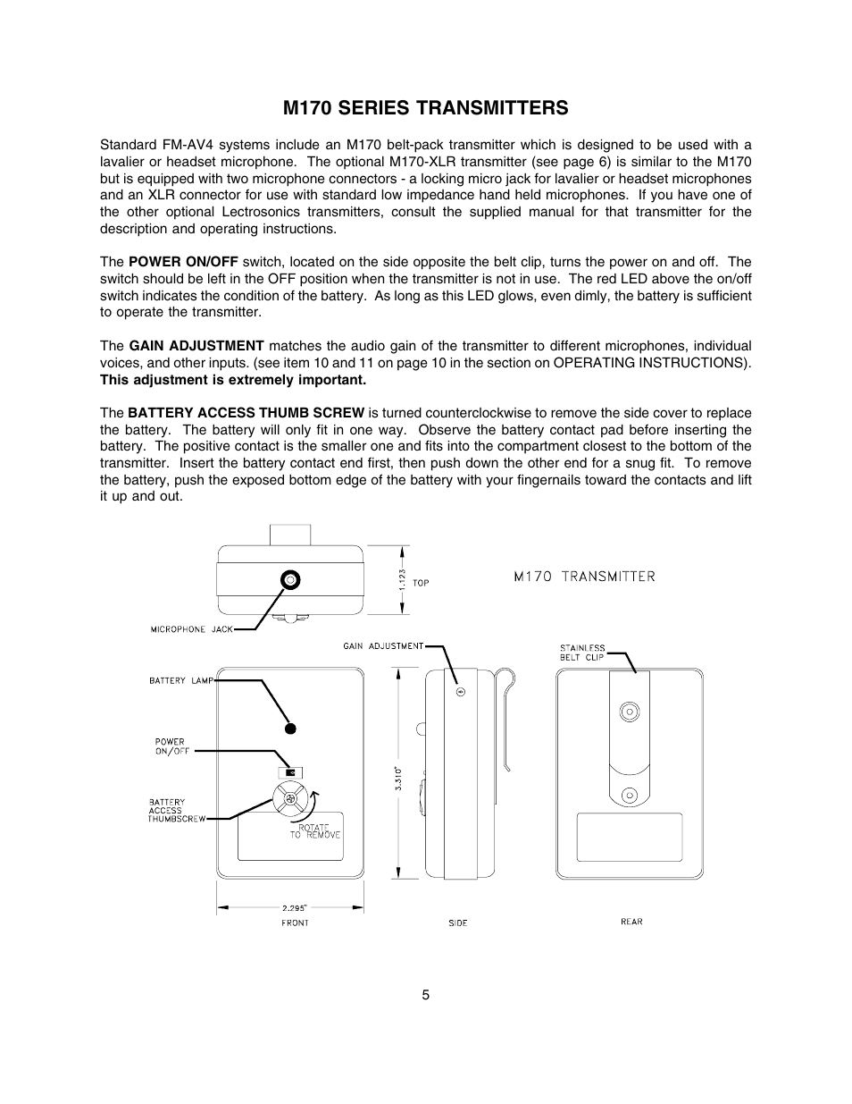 M170 series transmitters | Lectrosonics FM870 User Manual | Page 6 / 18