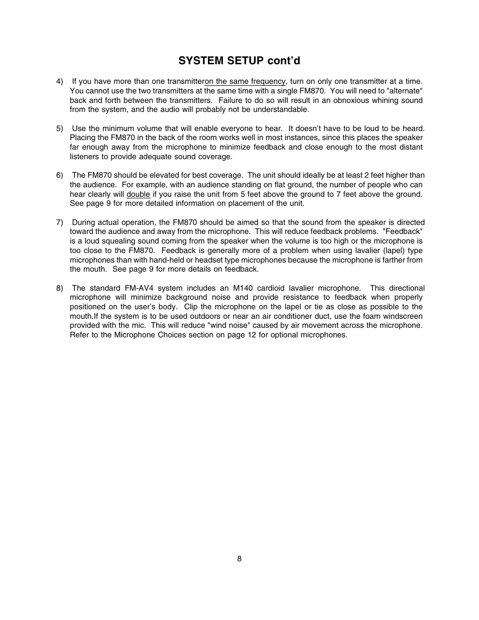 System setup, System setup cont’d | Lectrosonics FM870 User Manual | Page 9 / 18
