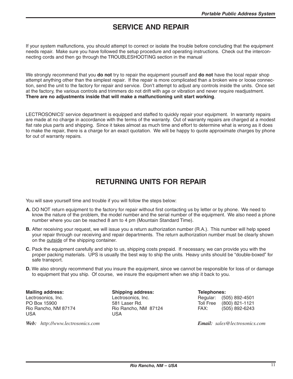 Service and repair, Returning units for repair | Lectrosonics VP300W User Manual | Page 11 / 12