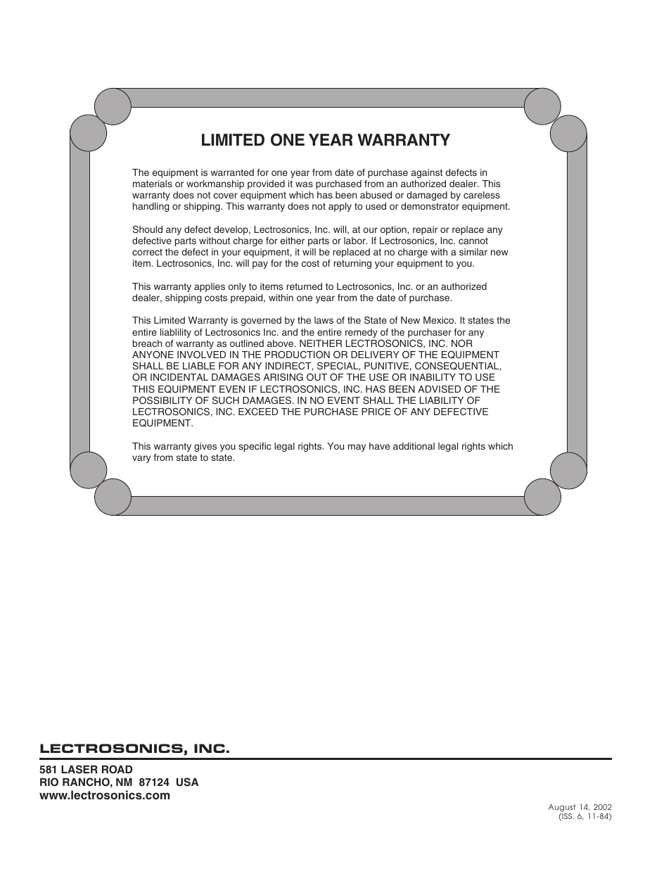 Limited one year warranty | Lectrosonics VP300W User Manual | Page 12 / 12