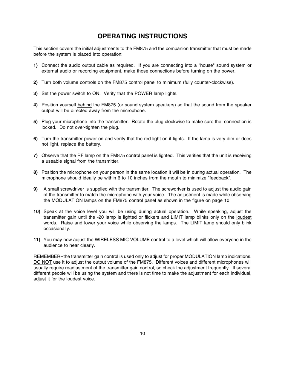 Operating instructions | Lectrosonics FM875 User Manual | Page 10 / 18