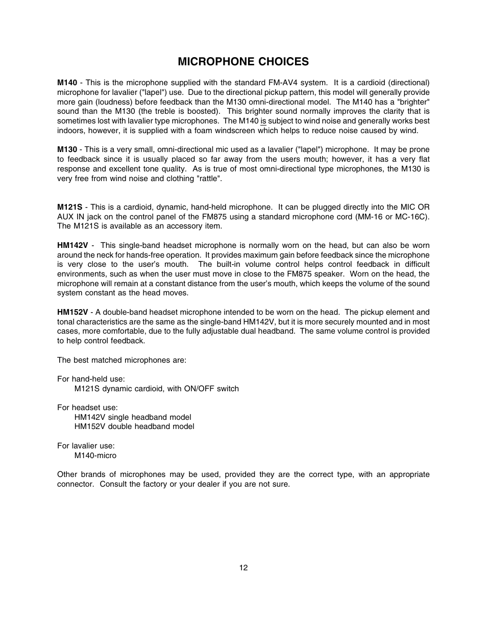 Microphone choices | Lectrosonics FM875 User Manual | Page 12 / 18