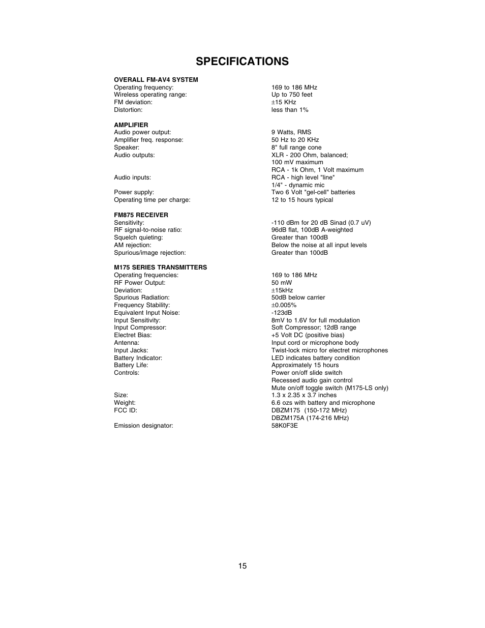 Specifications | Lectrosonics FM875 User Manual | Page 15 / 18