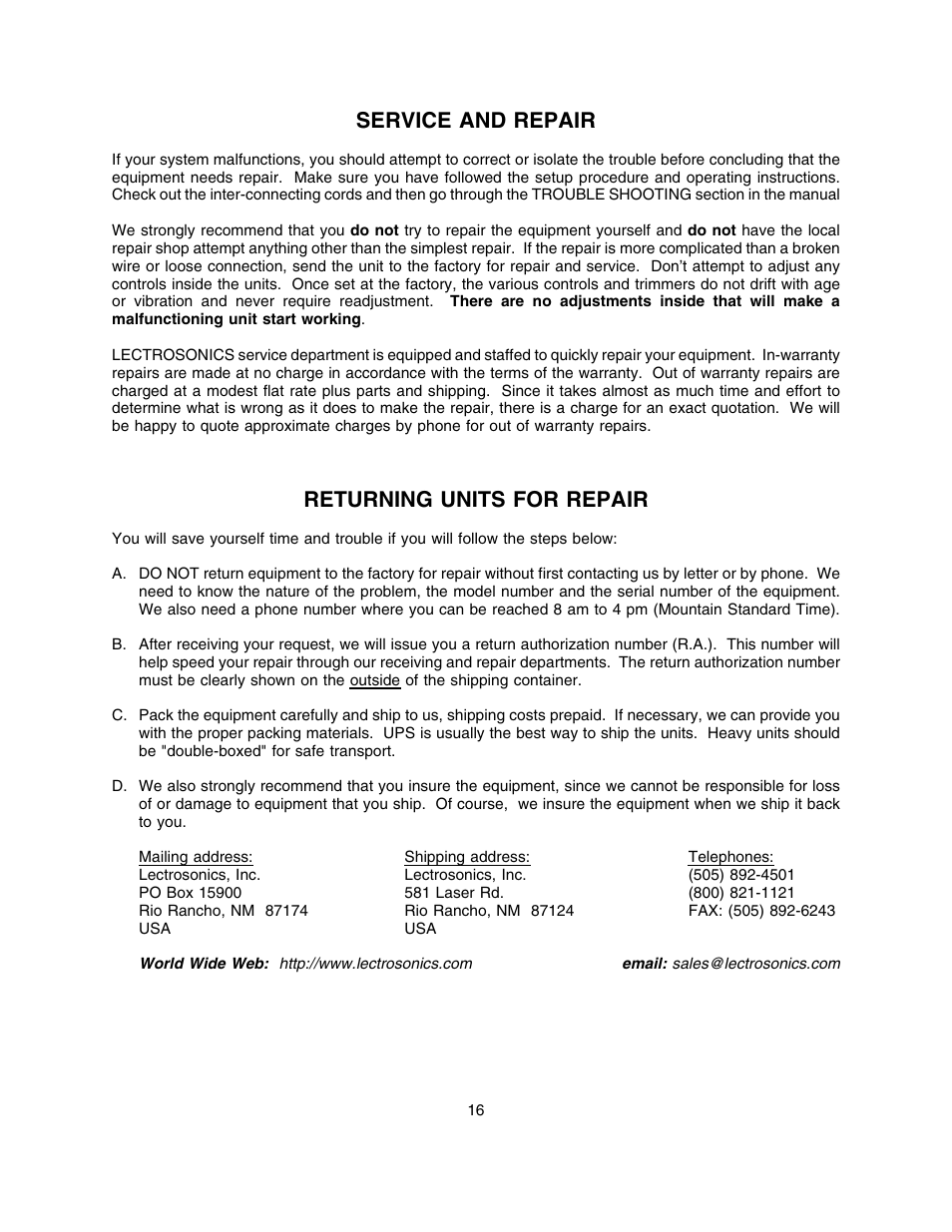Specifications, Service and repair, Returning units for repair | Lectrosonics FM875 User Manual | Page 16 / 18