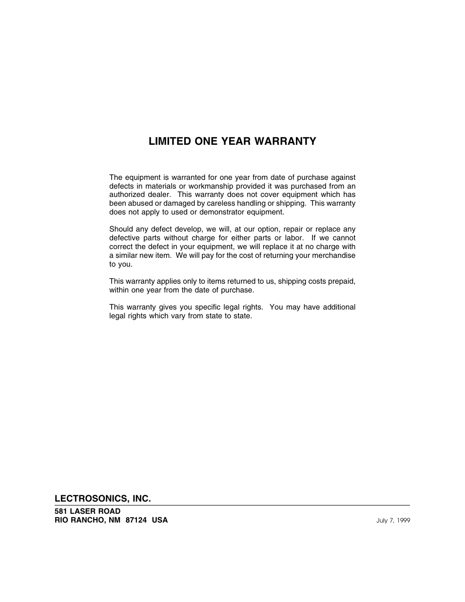 Limited one year warranty | Lectrosonics FM875 User Manual | Page 18 / 18