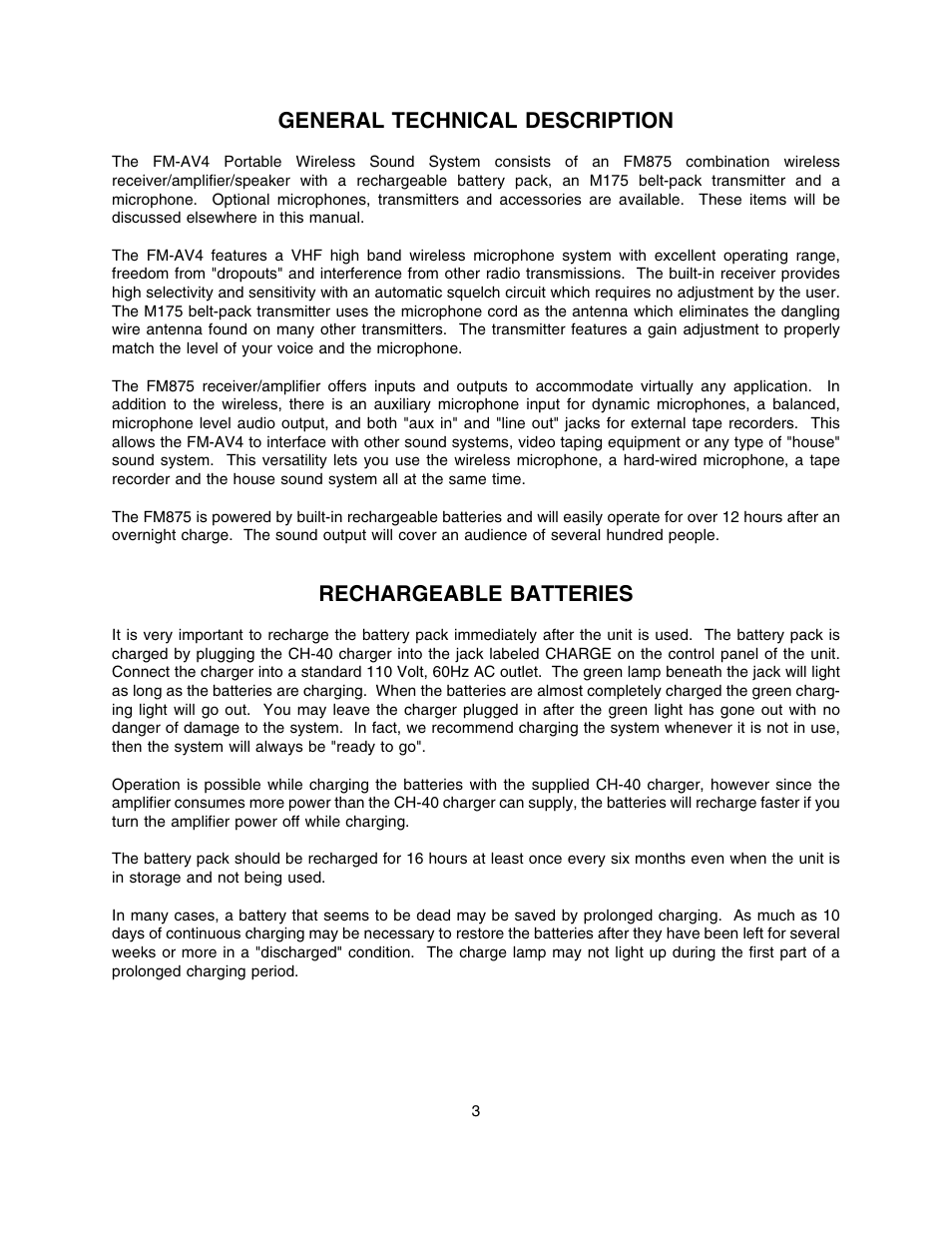 General technical description, Rechargeable batteries | Lectrosonics FM875 User Manual | Page 3 / 18