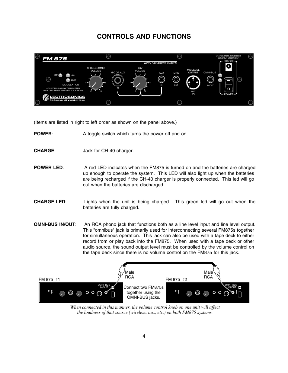 General technical description, Rechargeable batteries, Controls and functions | Male rca | Lectrosonics FM875 User Manual | Page 4 / 18
