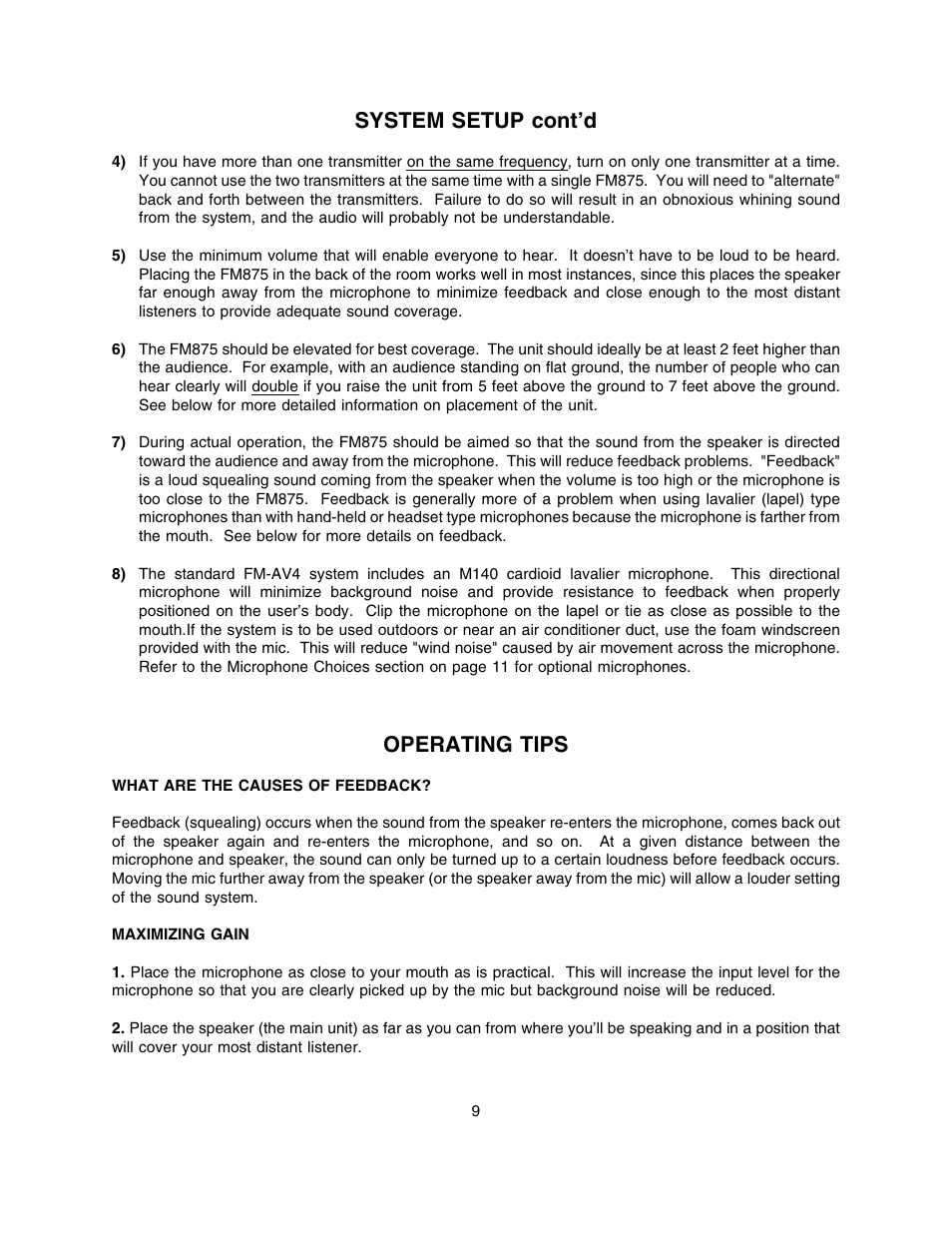 System setup, System setup cont’d, Operating tips | Lectrosonics FM875 User Manual | Page 9 / 18