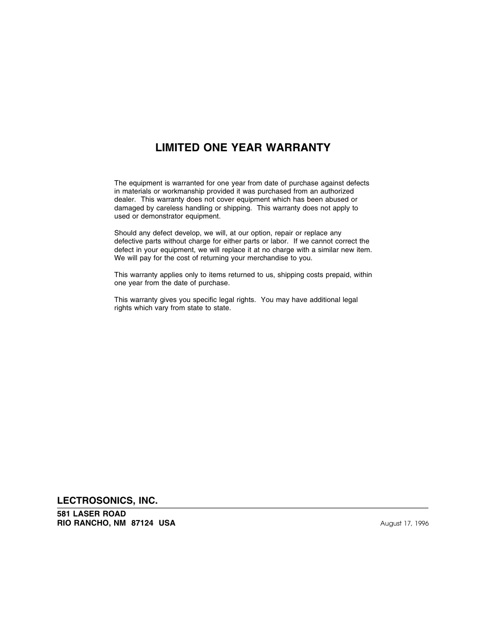 Limited one year warranty | Lectrosonics LE Series User Manual | Page 13 / 13