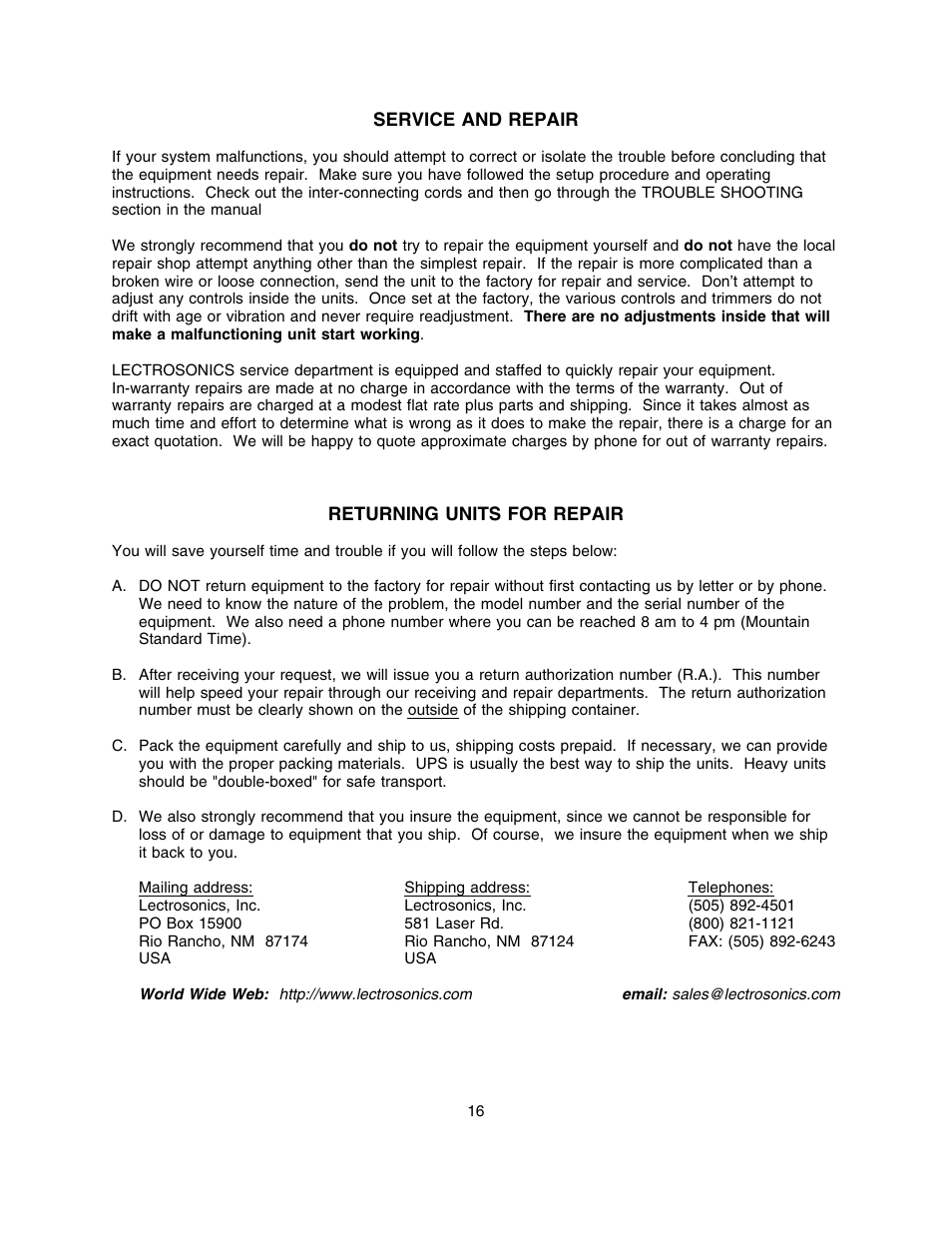 Service and repair, Returning units for repair | Lectrosonics Long Ranger II User Manual | Page 17 / 18