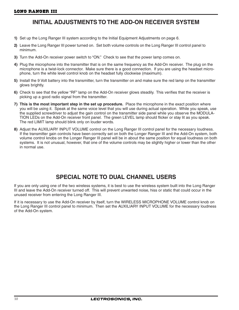 Initial adjustments to the add-on receiver system | Lectrosonics Long Ranger III User Manual | Page 10 / 16