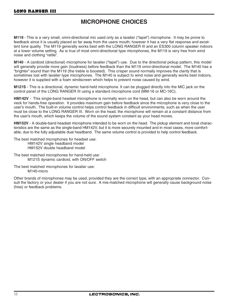 Microphone choices | Lectrosonics Long Ranger III User Manual | Page 12 / 16