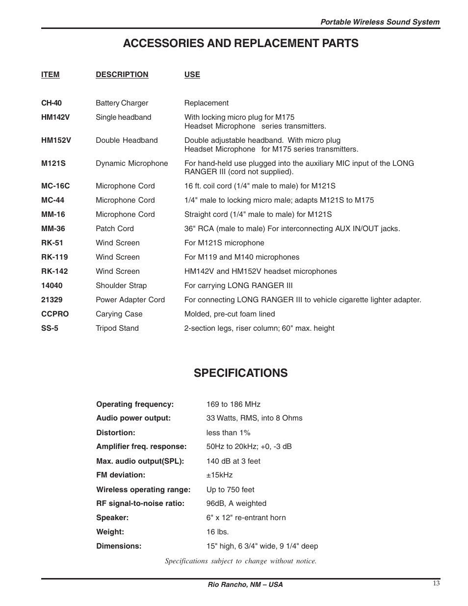 Accessories and replacement parts, Specifications | Lectrosonics Long Ranger III User Manual | Page 13 / 16