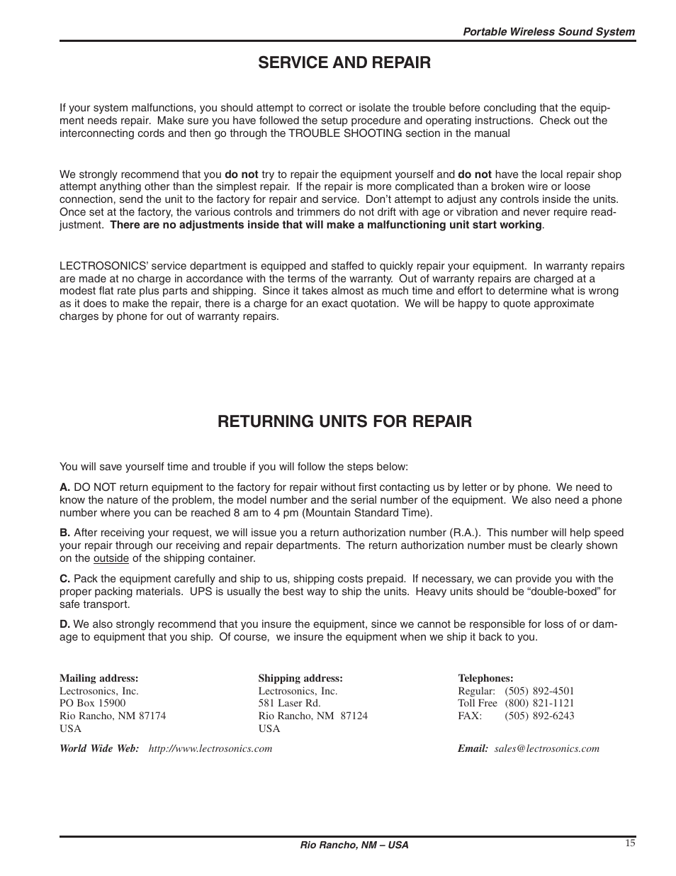 Service and repair, Returning units for repair | Lectrosonics Long Ranger III User Manual | Page 15 / 16