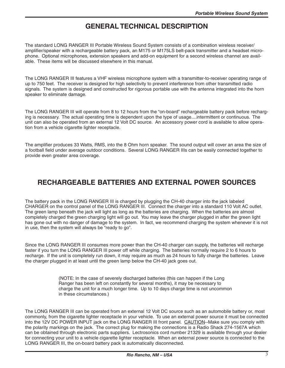 General technical description, Rechargeable batteries and external power sources | Lectrosonics Long Ranger III User Manual | Page 3 / 16