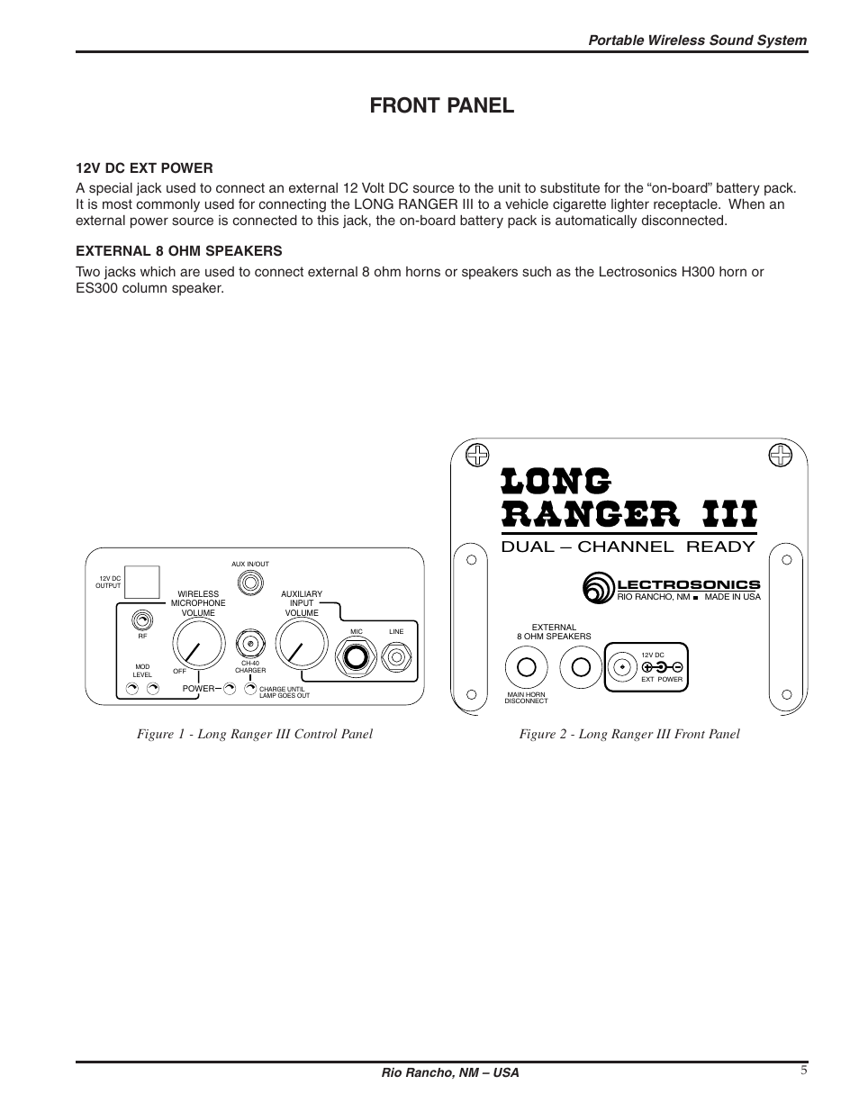 Front panel, Dual – channel ready, Portable wireless sound system | Rio rancho, nm – usa 5 | Lectrosonics Long Ranger III User Manual | Page 5 / 16