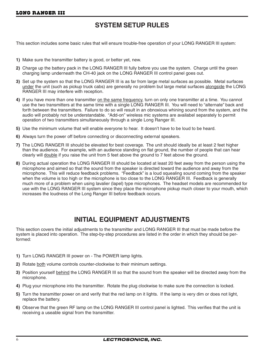 System setup rules, Initial equipment adjustments | Lectrosonics Long Ranger III User Manual | Page 6 / 16