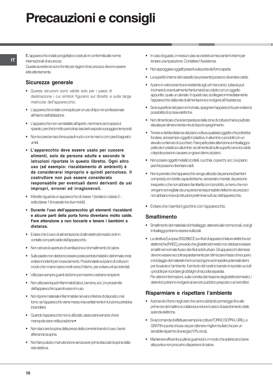 Precauzioni e consigli, Sicurezza generale, Smaltimento | Risparmiare e rispettare lambiente | Ariston CE6VM3 R/HA User Manual | Page 10 / 68